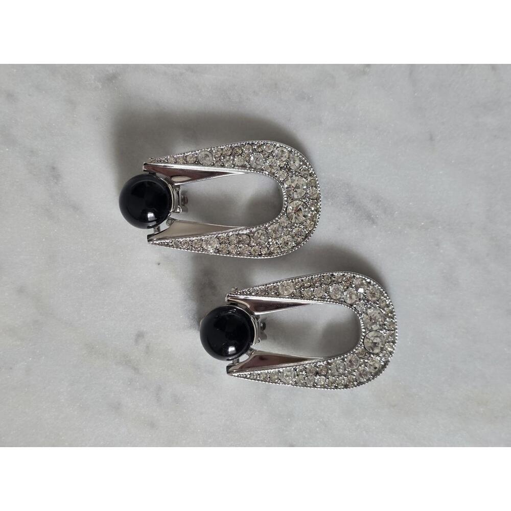 Rare Larry Joseph Carnegie Art Deco Rhinestone Earrings – Black Cabochon